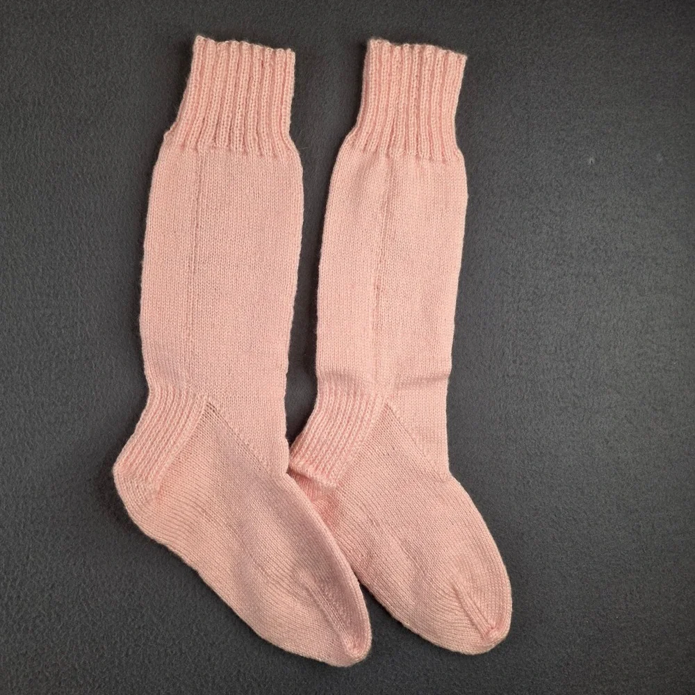 Handmade Bubblegum Pink Knit‎ Crew Socks Womens Mid Calf Cottagecore Cozy